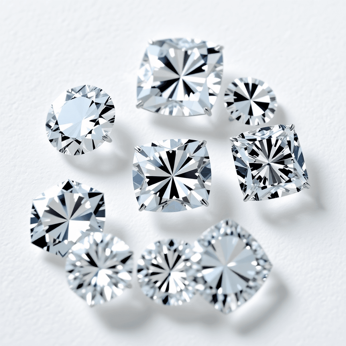 Close-up of sparkling lab-grown diamonds in round, princess, oval, and cushion cuts on a soft neutral background with light reflections highlighting their brill
