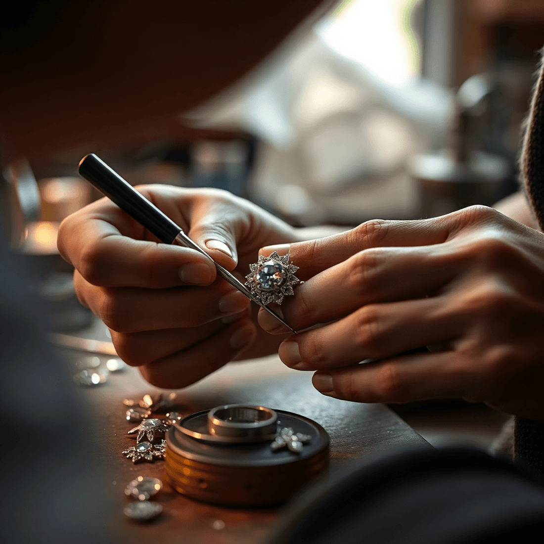 Close-up of artisan's hands crafting jewelry with fine tools, surrounded by gemstones and metalwork in a softly lit workshop.