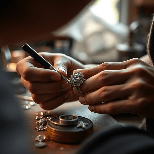 Close-up of artisan's hands crafting jewelry with fine tools, surrounded by gemstones and metalwork in a softly lit workshop.