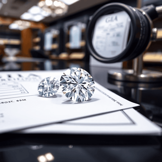 Close-up of a sparkling diamond on a GIA certificate with a jeweler's loupe and grading report in a professional jewelry store setting.