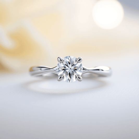 Close-up of an elegant split shank engagement ring with a sparkling central diamond on a soft, romantic background highlighting its intricate design and brillia