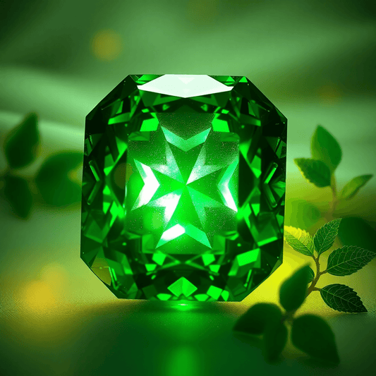 Close-up of a glowing deep green emerald gemstone against a soft background with gold accents and lush greenery, symbolizing royalty and renewal.