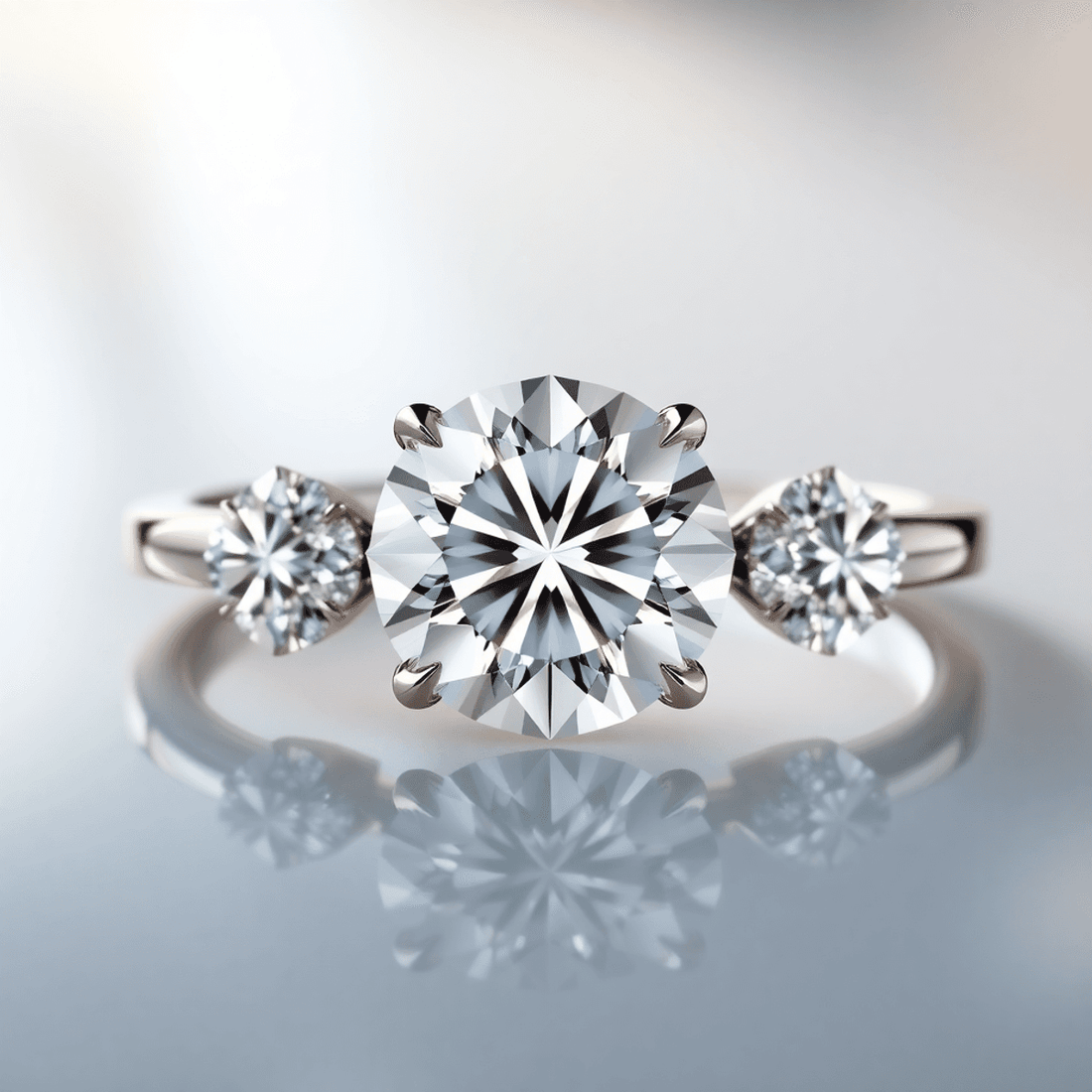 Close-up of a sparkling center diamond with two smaller sidestones on a reflective surface, highlighted by soft elegant lighting.