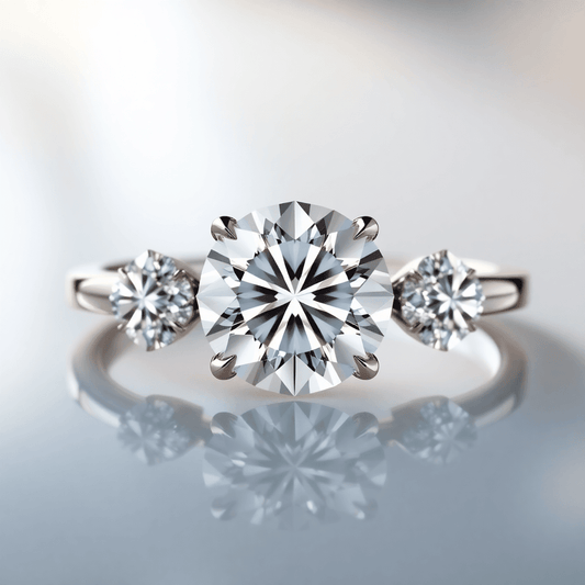 Close-up of a sparkling center diamond with two smaller sidestones on a reflective surface, highlighted by soft elegant lighting.