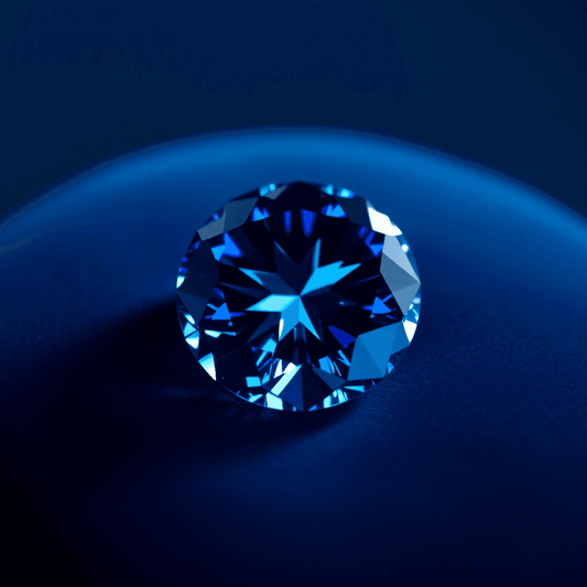 Close-up of a sparkling deep blue diamond on a soft velvet cushion, glowing softly to highlight its rich hues and brilliance.