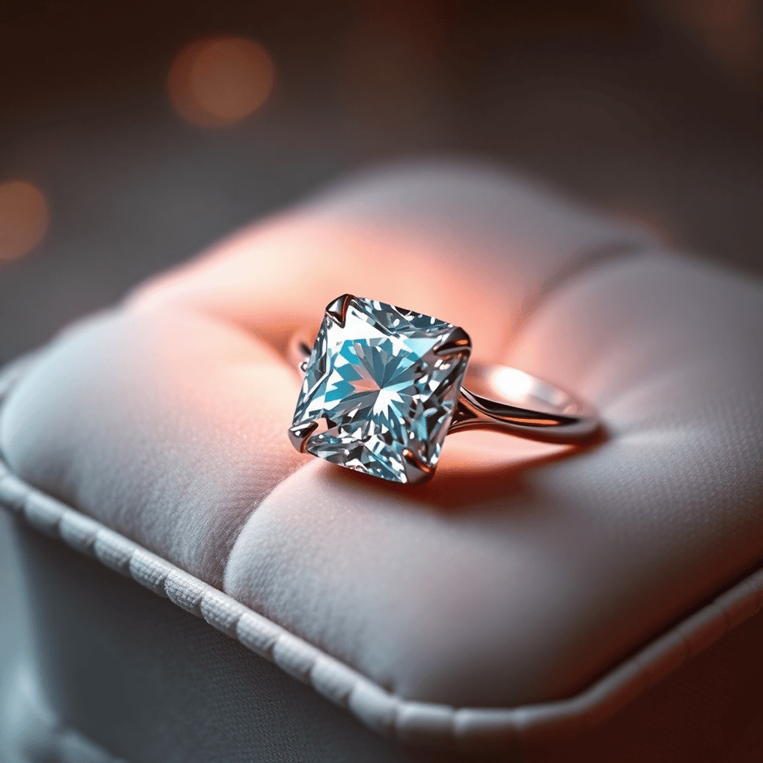Close-up of a sparkling cushion cut diamond engagement ring on a velvet cushion, glowing in warm romantic light with a vintage, crushed ice sparkle effect.