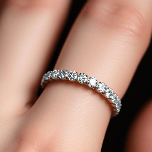 Close-up of a sparkling diamond eternity band on a finger, highlighting the continuous circle of diamonds with soft, elegant lighting.