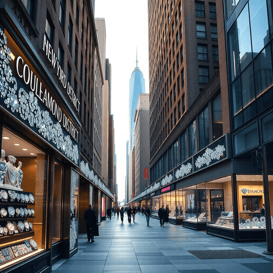 Bustling New York City street with sparkling jewelry store windows and luxury watches, Manhattan skyline visible in the background.