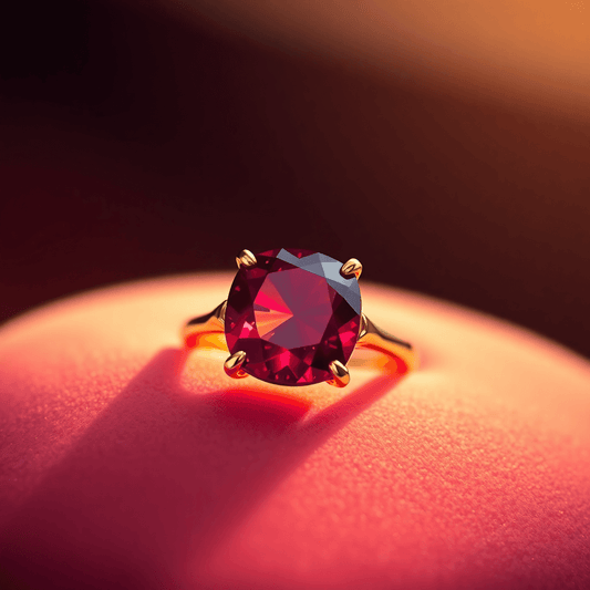 Close-up of a radiant ruby ring with a deep red gemstone in a gold band, resting on soft velvet with warm light highlighting its sparkle and elegance.