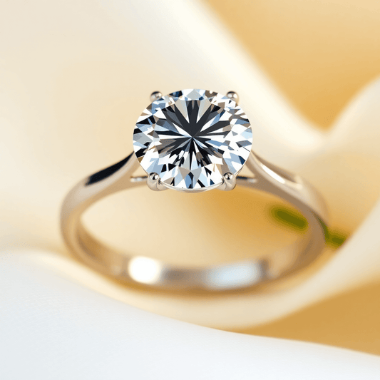 Close-up of a sparkling brilliant-cut lab grown diamond ring against a soft background with subtle greenery, symbolizing modern love and sustainability.