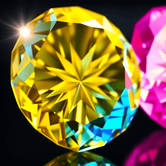 Close-up of three sparkling diamonds in yellow, blue, and pink glowing brightly against a dark elegant background.