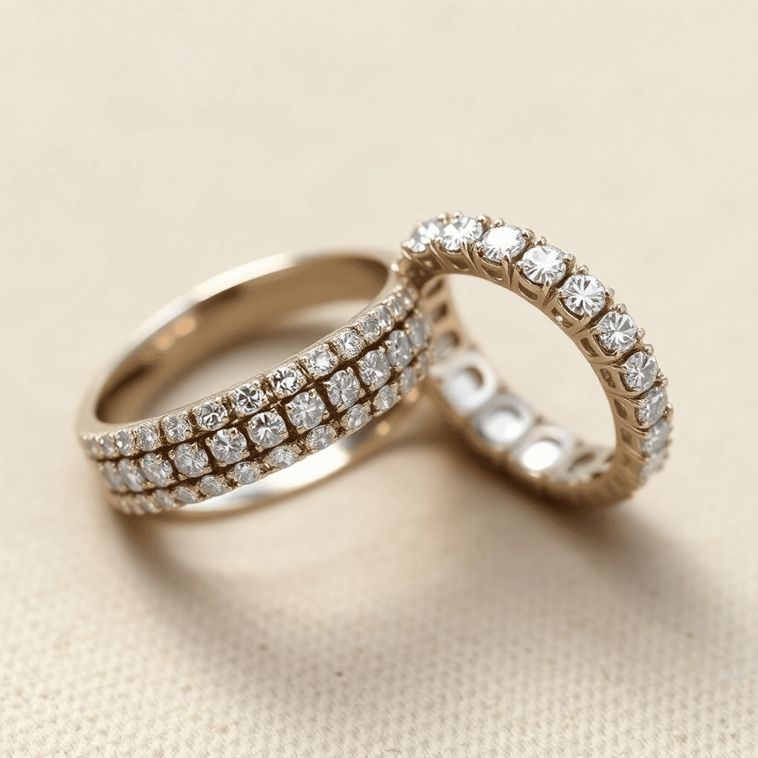 Close-up of two elegant rings on a soft background; one with dense micro pavé diamonds, the other with continuous diamonds encircling the band, both sparkling b