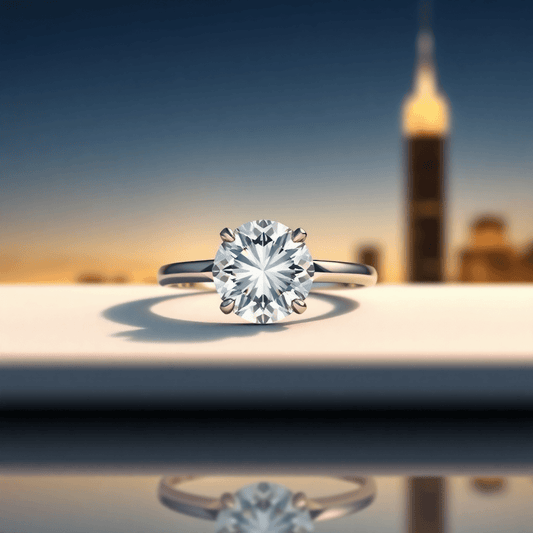 Sparkling diamond ring on reflective surface with soft lighting, set against a warm, abstract New York City skyline at dusk.