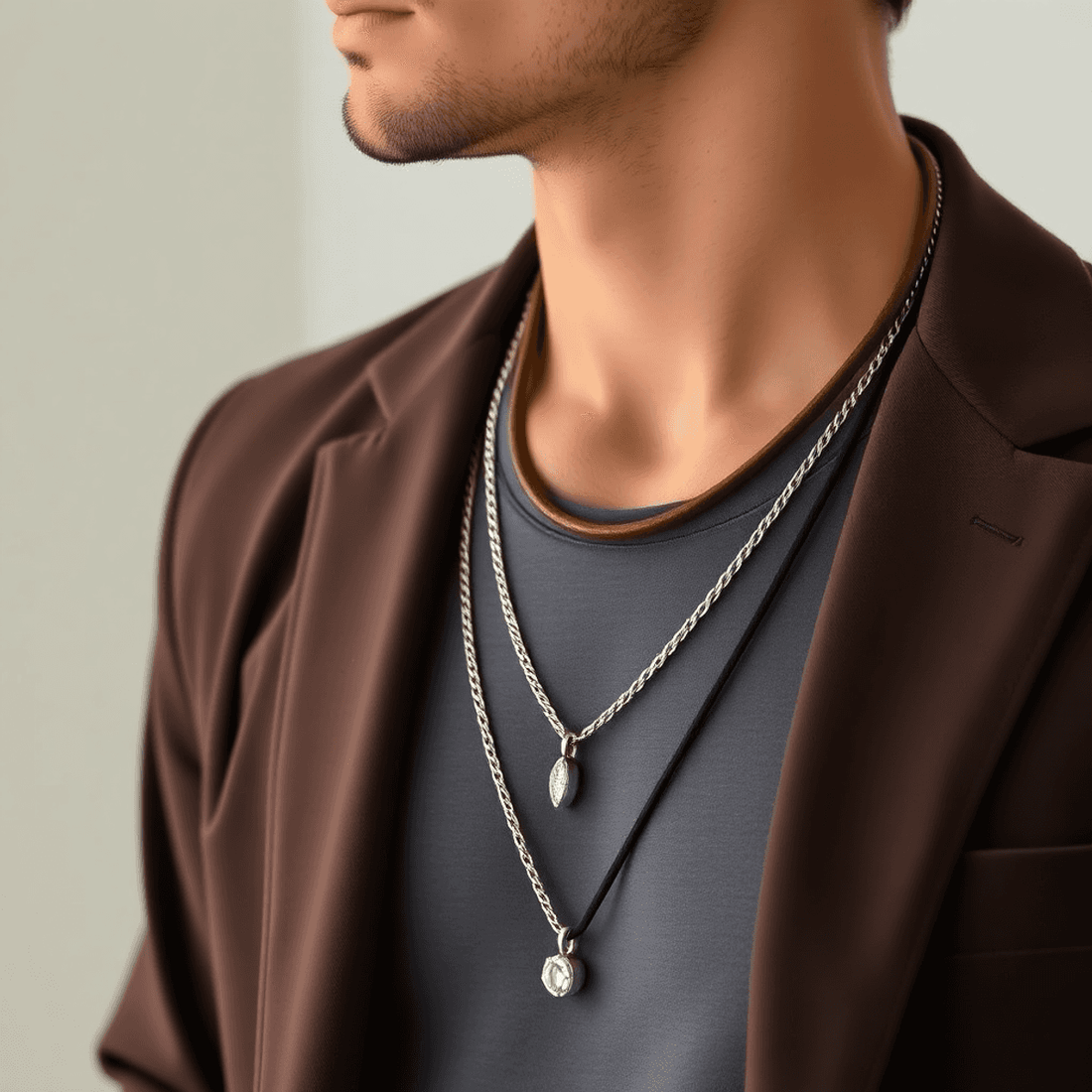 A stylish man wearing layered silver and gold necklaces with leather cords and a diamond pendant, dressed in smart casual attire against a minimalist background