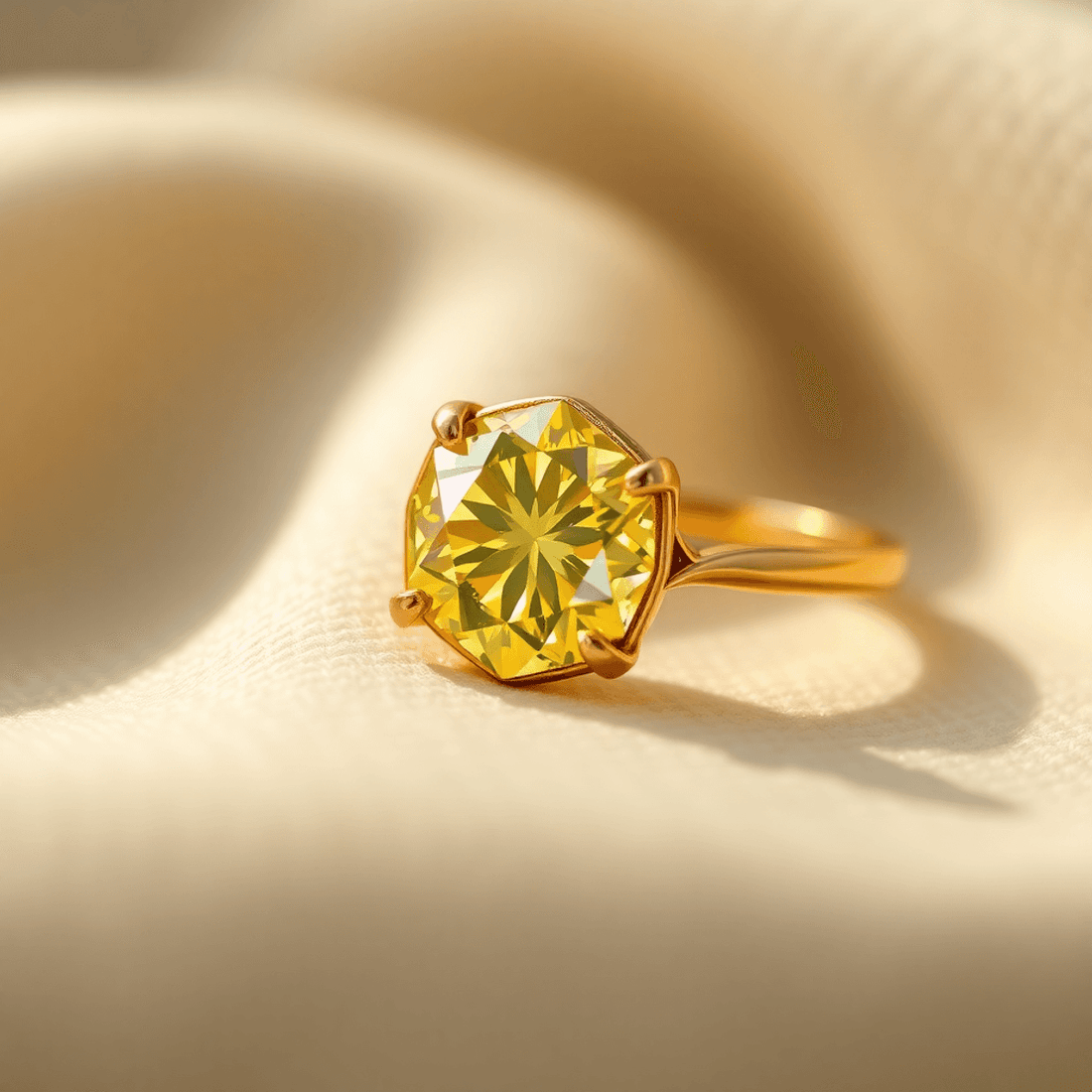 Close-up of a sparkling yellow diamond in gold jewelry glowing warmly on a neutral fabric background.