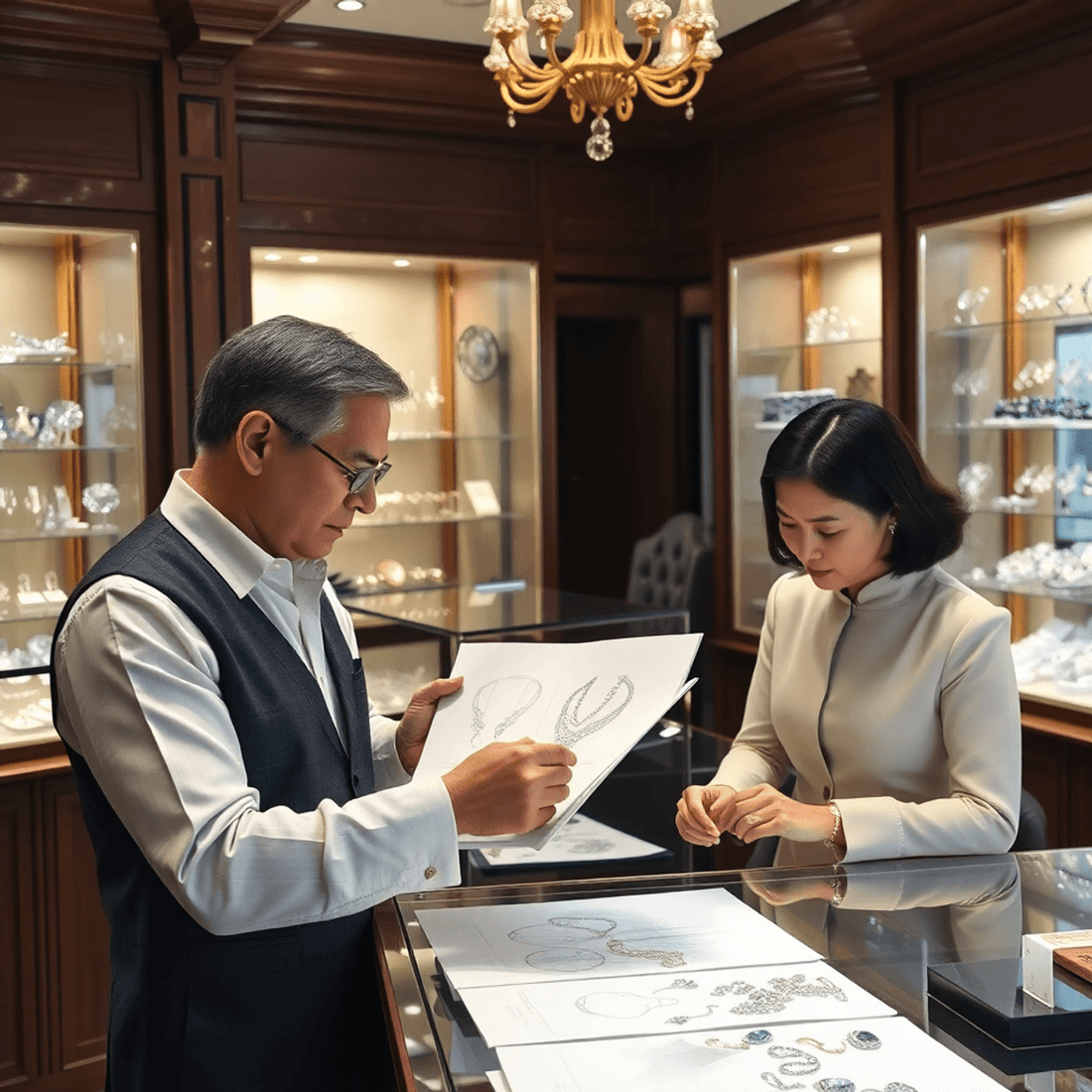 Jeweler consulting a client over sketches and gemstones in a warm, inviting jewelry store in New York's Diamond District.