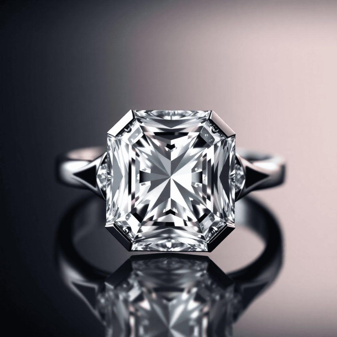 Close-up of an elegant Asscher cut diamond ring with step-cut facets, glowing softly against a dark blurred background.