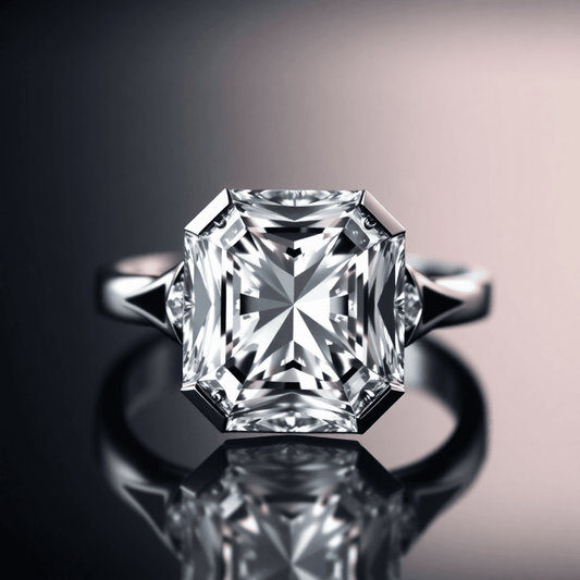 Close-up of an elegant Asscher cut diamond ring with step-cut facets, glowing softly against a dark blurred background.