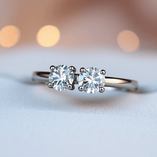 Close-up of an elegant two-stone diamond ring on a sleek band, resting on soft velvet with a subtle romantic glow.