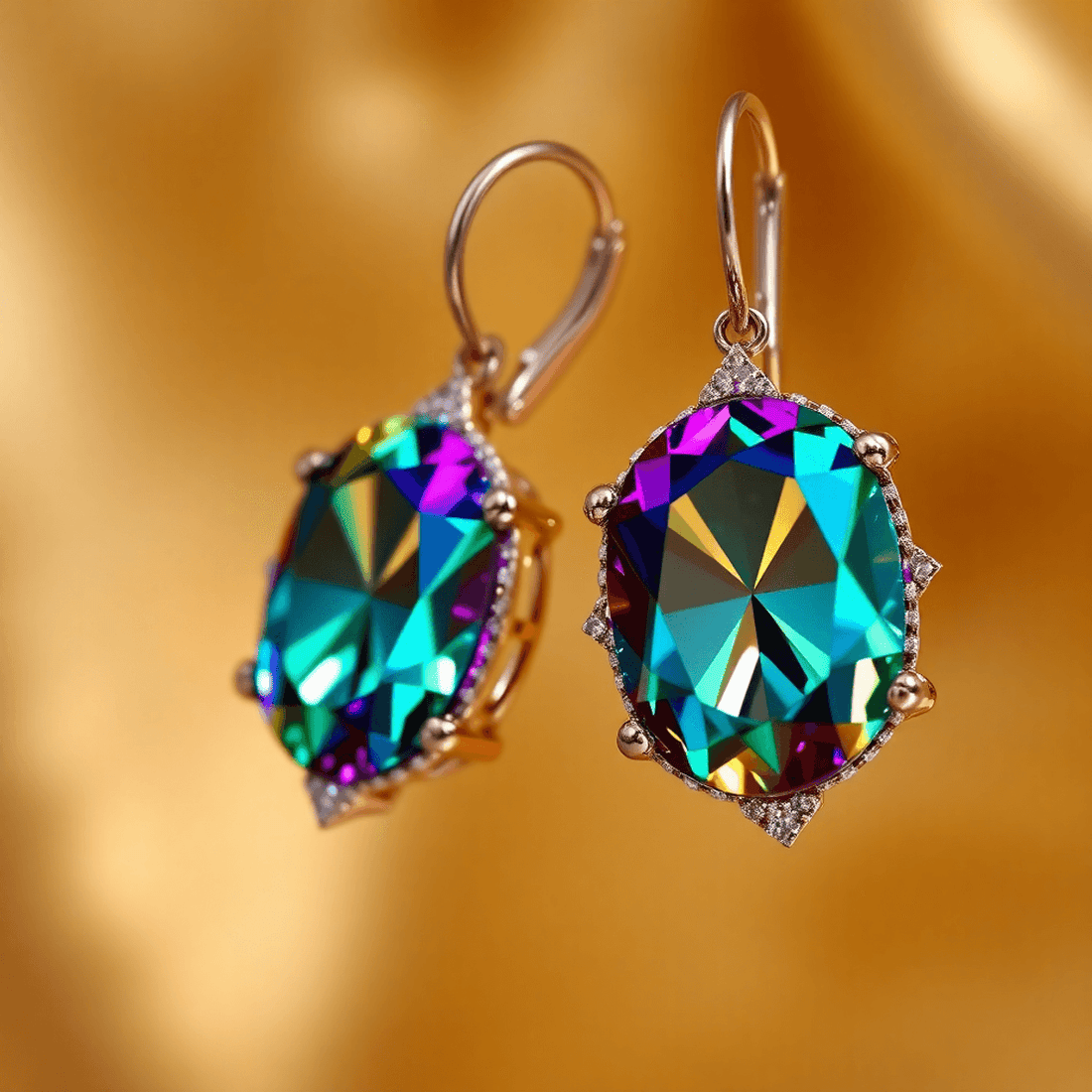 Close-up of vibrant diamond earrings sparkling under soft light against a blurred, luxurious background.