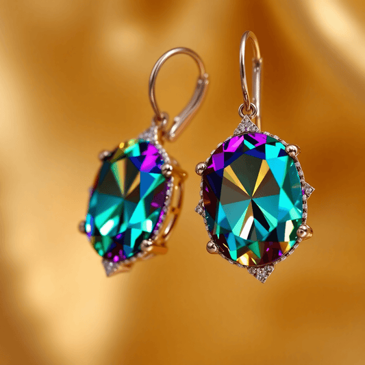 Close-up of vibrant diamond earrings sparkling under soft light against a blurred, luxurious background.