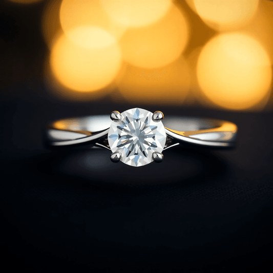 Close-up of an elegant diamond ring with a split shank band framing a sparkling central diamond, set against a softly blurred warm golden background.