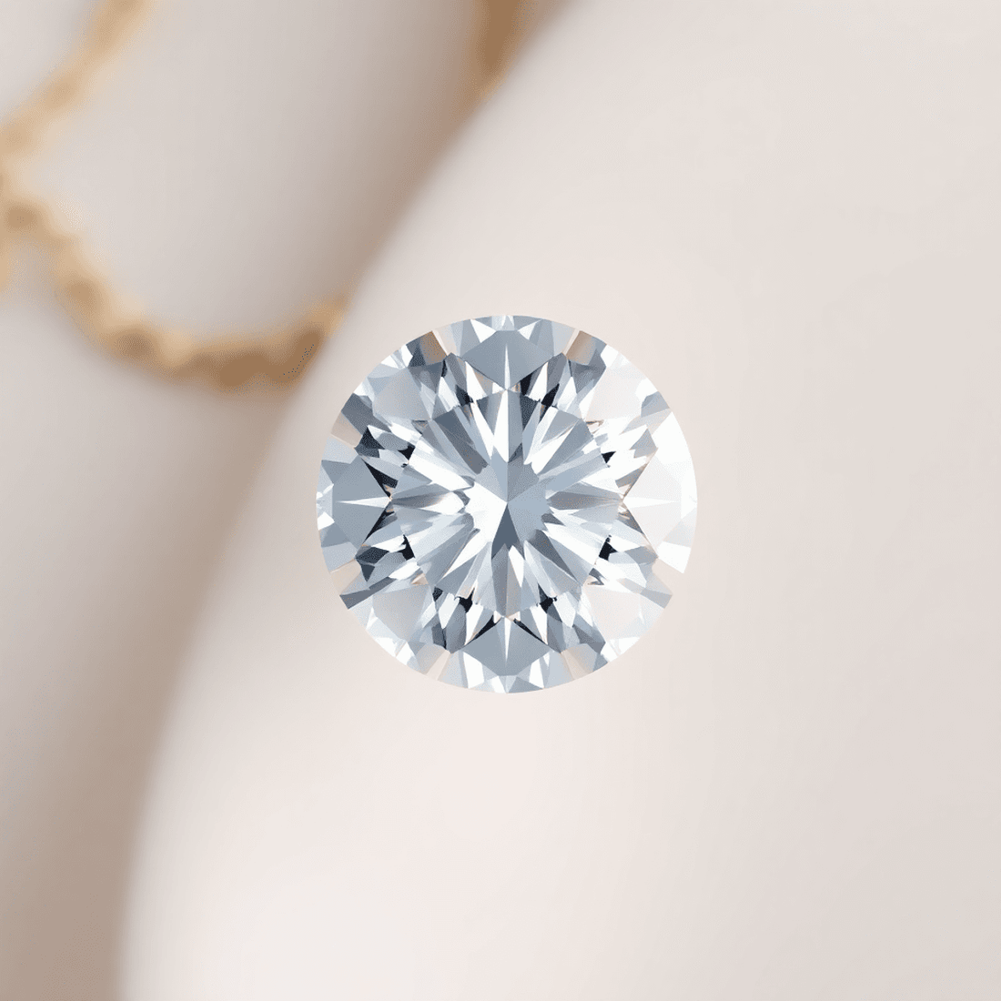 Close-up of a sparkling round brilliant diamond with intricate facets and light reflections on a soft background with gold and silver jewelry elements.