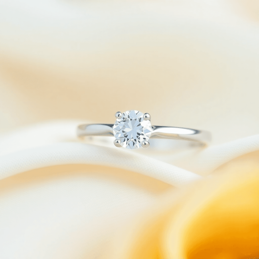 Close-up of a sparkling diamond engagement ring on a classic band against a soft, elegant background symbolizing love and commitment.