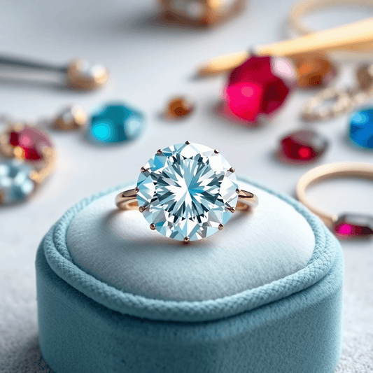 A sparkling round brilliant diamond on a velvet ring box with elegant jewelry tools and gemstones softly blurred in the background.