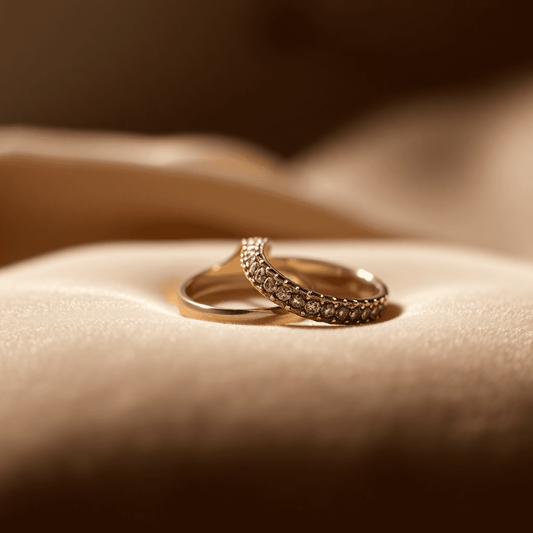 Close-up of elegant gold and silver wedding bands on a velvet cushion under soft lighting, symbolizing love and commitment.