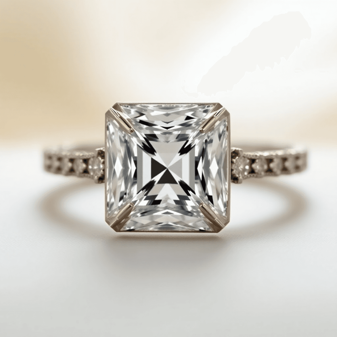 Close-up of a sparkling Asscher-cut diamond engagement ring with step-cut facets, set against a soft, elegant background blending vintage and modern styles.