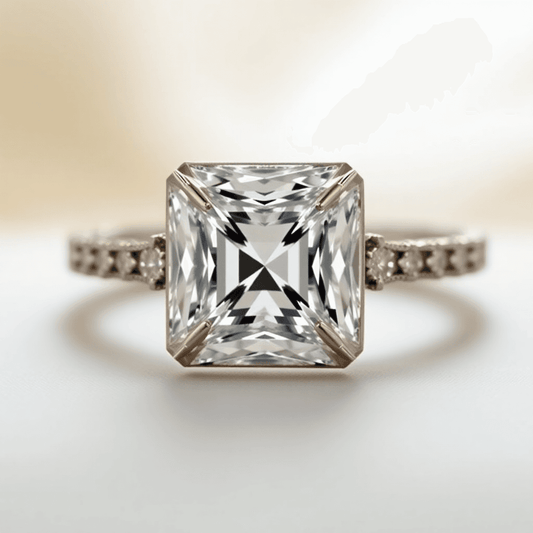 Close-up of a sparkling Asscher-cut diamond engagement ring with step-cut facets, set against a soft, elegant background blending vintage and modern styles.