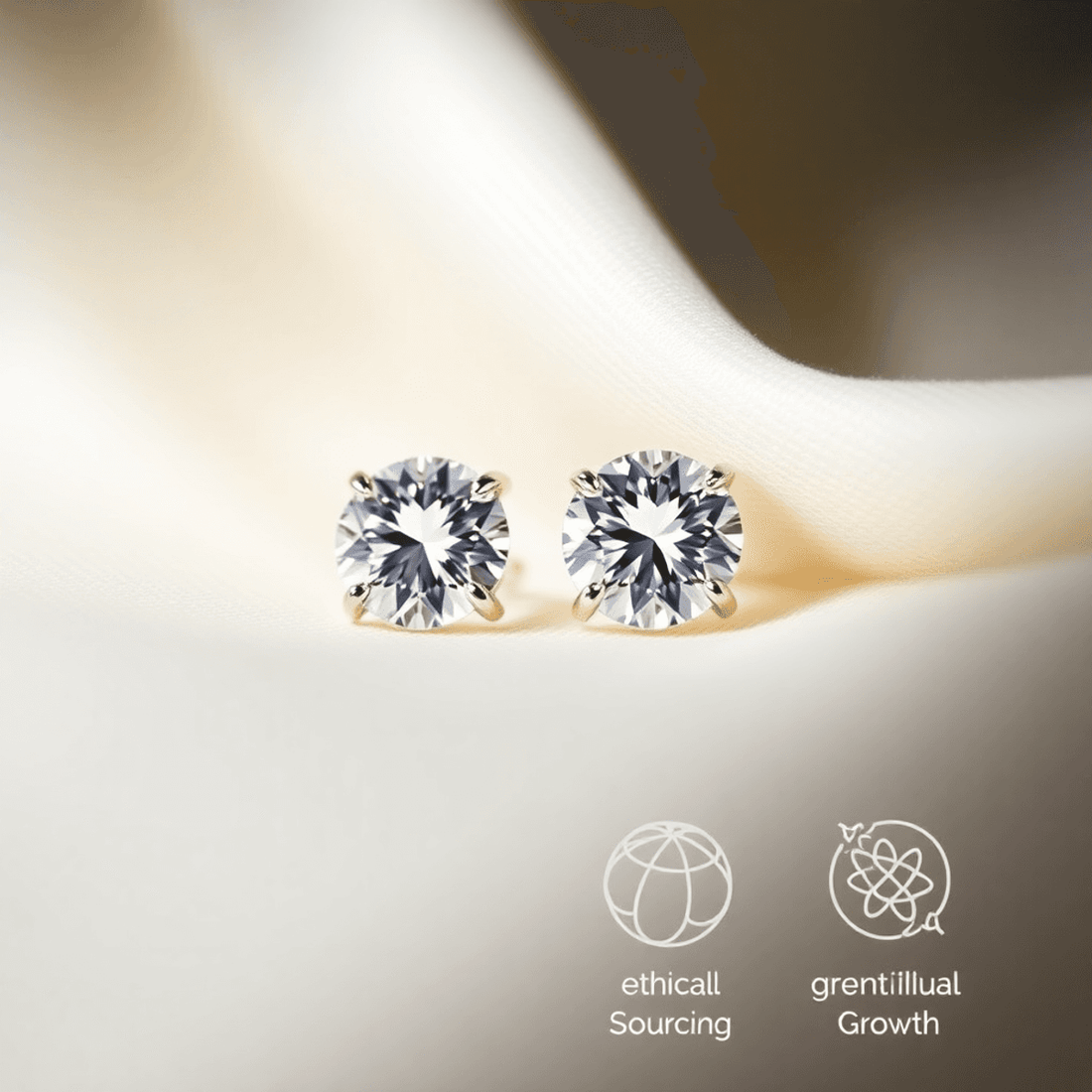 Close-up of sparkling lab-grown diamond earrings on soft fabric with abstract symbols of ethical sourcing and scientific growth, highlighting brilliance and ele