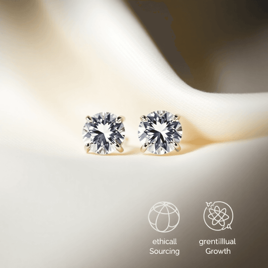 Close-up of sparkling lab-grown diamond earrings on soft fabric with abstract symbols of ethical sourcing and scientific growth, highlighting brilliance and ele