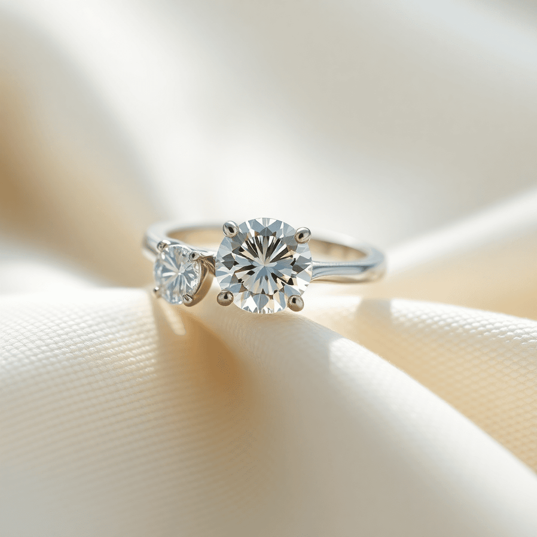 Close-up of a sparkling lab-grown diamond ring on a delicate band, resting on soft fabric with natural light highlighting the diamond's brilliance.