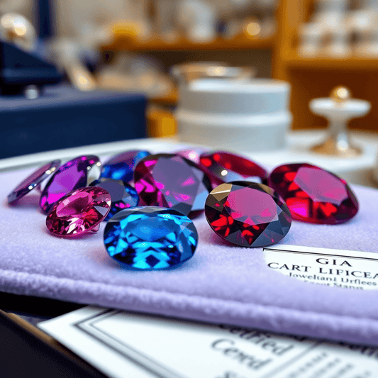 Close-up of vibrant blue sapphires and red rubies on a velvet pad with a GIA certification card, blurred jewelry workshop in the background.