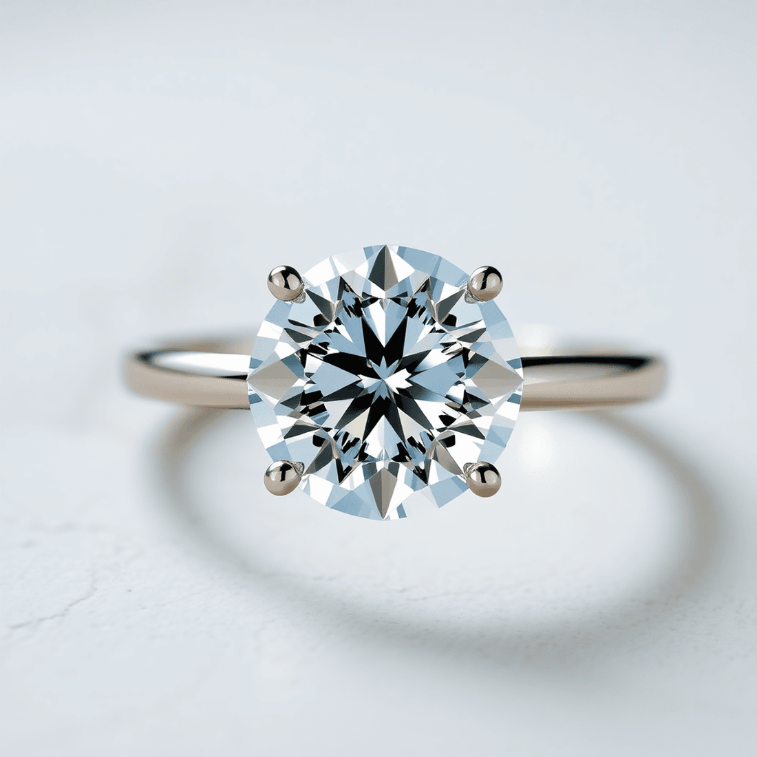 Close-up of a sparkling round cut diamond ring with a sleek band on a soft neutral background, highlighting the diamond's brilliance and elegance.