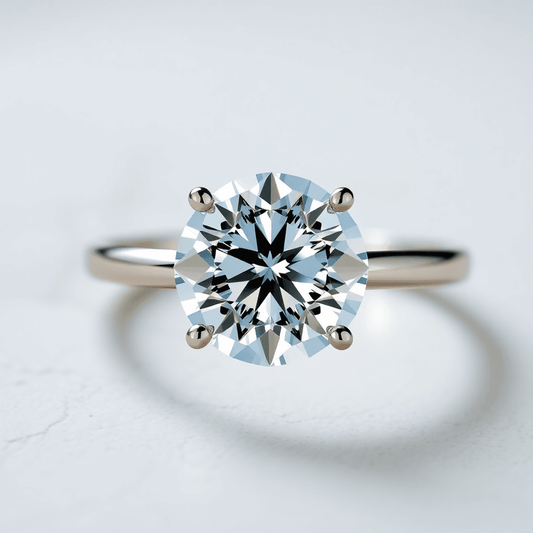 Close-up of a sparkling round cut diamond ring with a sleek band on a soft neutral background, highlighting the diamond's brilliance and elegance.