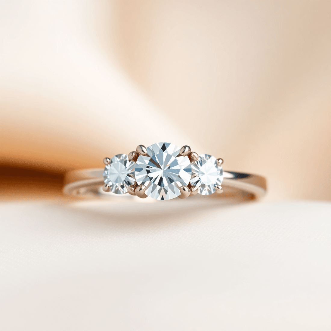 Close-up of a three-stone diamond engagement ring on a soft background, highlighting the sparkle and balance of the stones with gentle lighting.