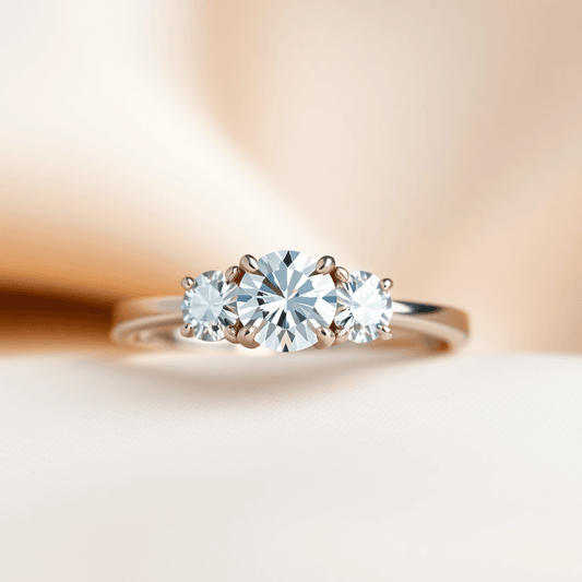 Close-up of a three-stone diamond engagement ring on a soft background, highlighting the sparkle and balance of the stones with gentle lighting.