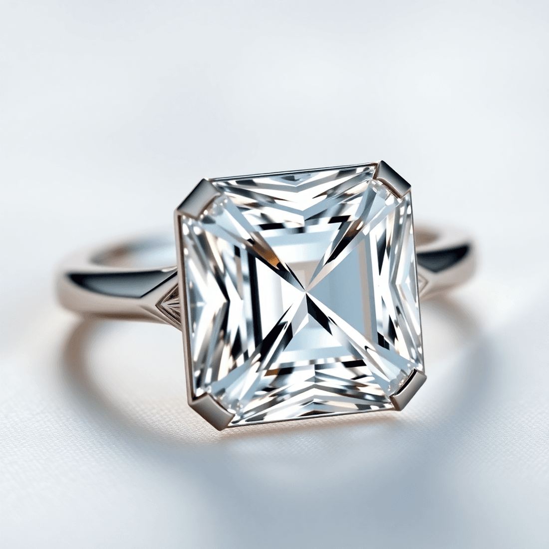Close-up of a sparkling Asscher cut diamond ring with step-cut facets, glowing against a soft, elegant background emphasizing luxury and timeless beauty.