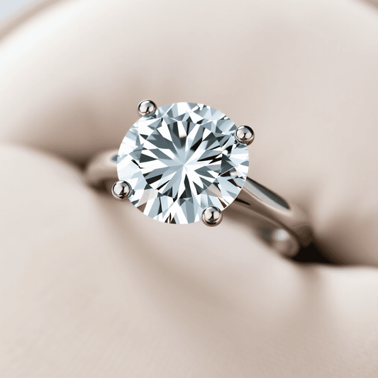 Close-up of a sparkling diamond engagement ring on a velvet cushion, showcasing its size and brilliance with subtle reflections.