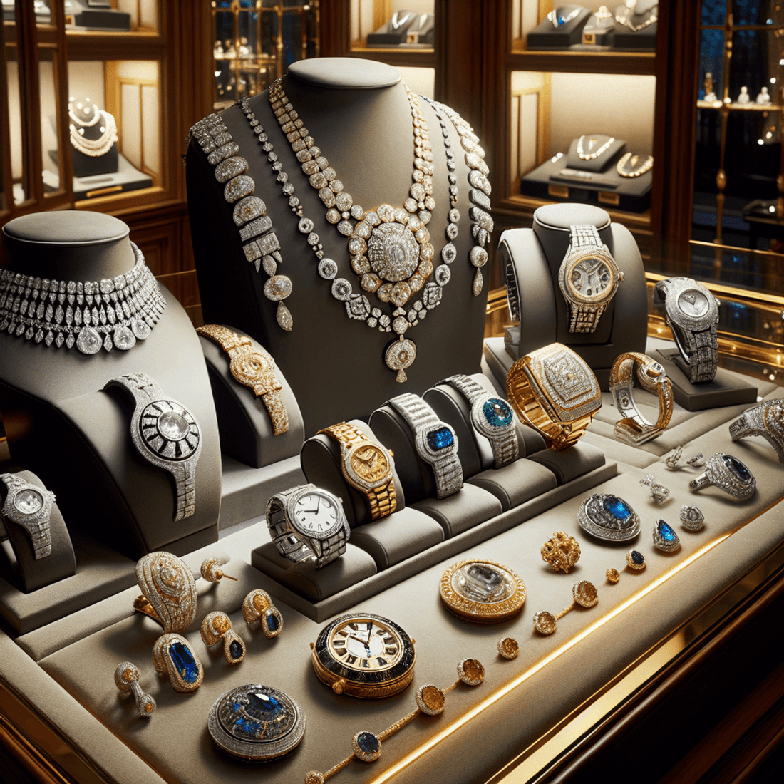 A luxurious still life of high-end jewelry pieces on a velvet display, evoking elegance and wealth.