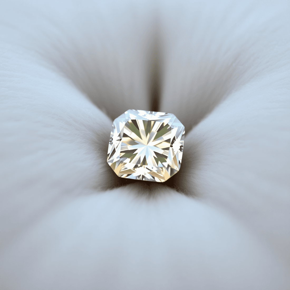 Close-up of a sparkling cushion-cut diamond on a plush pillow-like surface with soft lighting highlighting its brilliance and rounded corners.