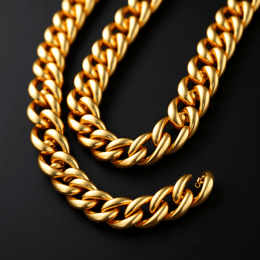 Close-up of a polished gold Cuban link necklace with bold interlocking links against a dark background, highlighting its craftsmanship and elegance.