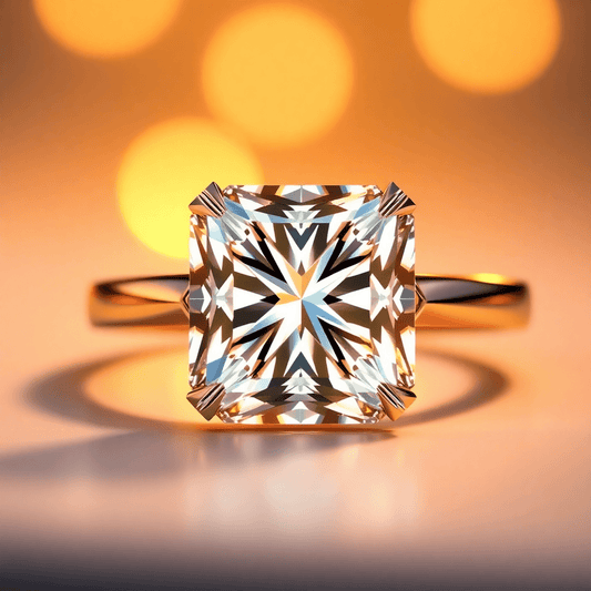 Close-up of a radiant cut diamond sparkling in a luxurious ring with a glowing metal band against a softly blurred warm background.