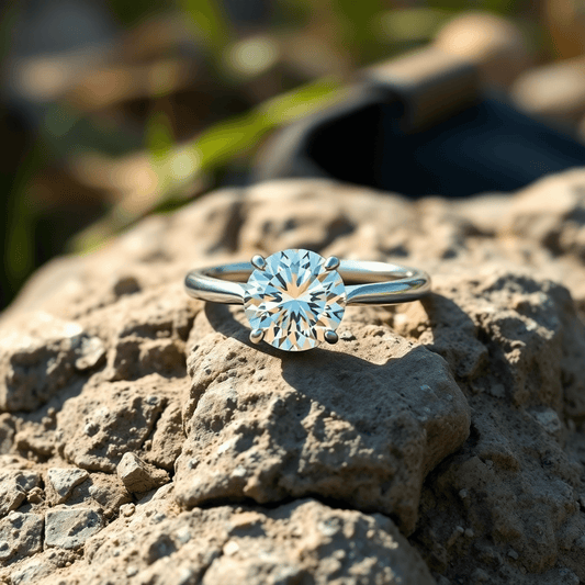 A sparkling round brilliant diamond engagement ring on a rugged stone surface with soft natural light and blurred outdoor greenery in the background.
