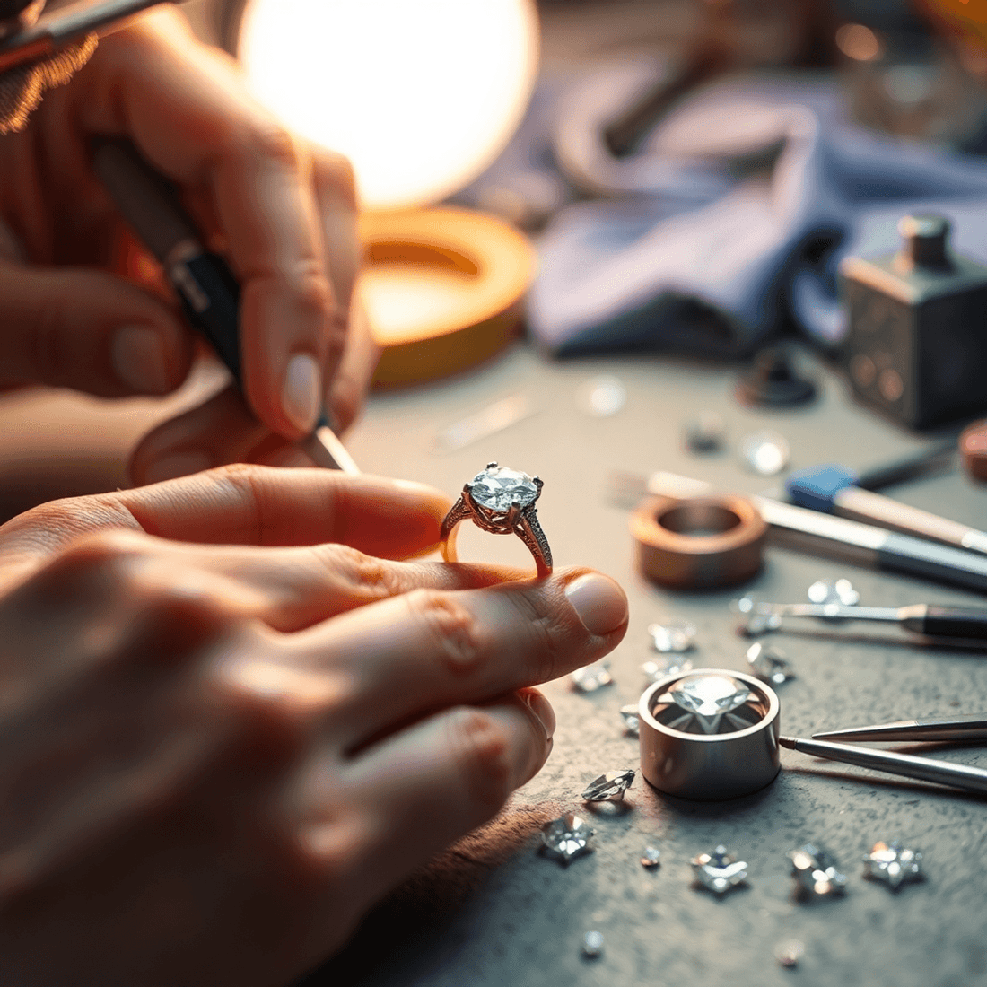 Close-up of jeweler's hands crafting a diamond ring on a workbench with gemstones and tools, illuminated by warm soft lighting.