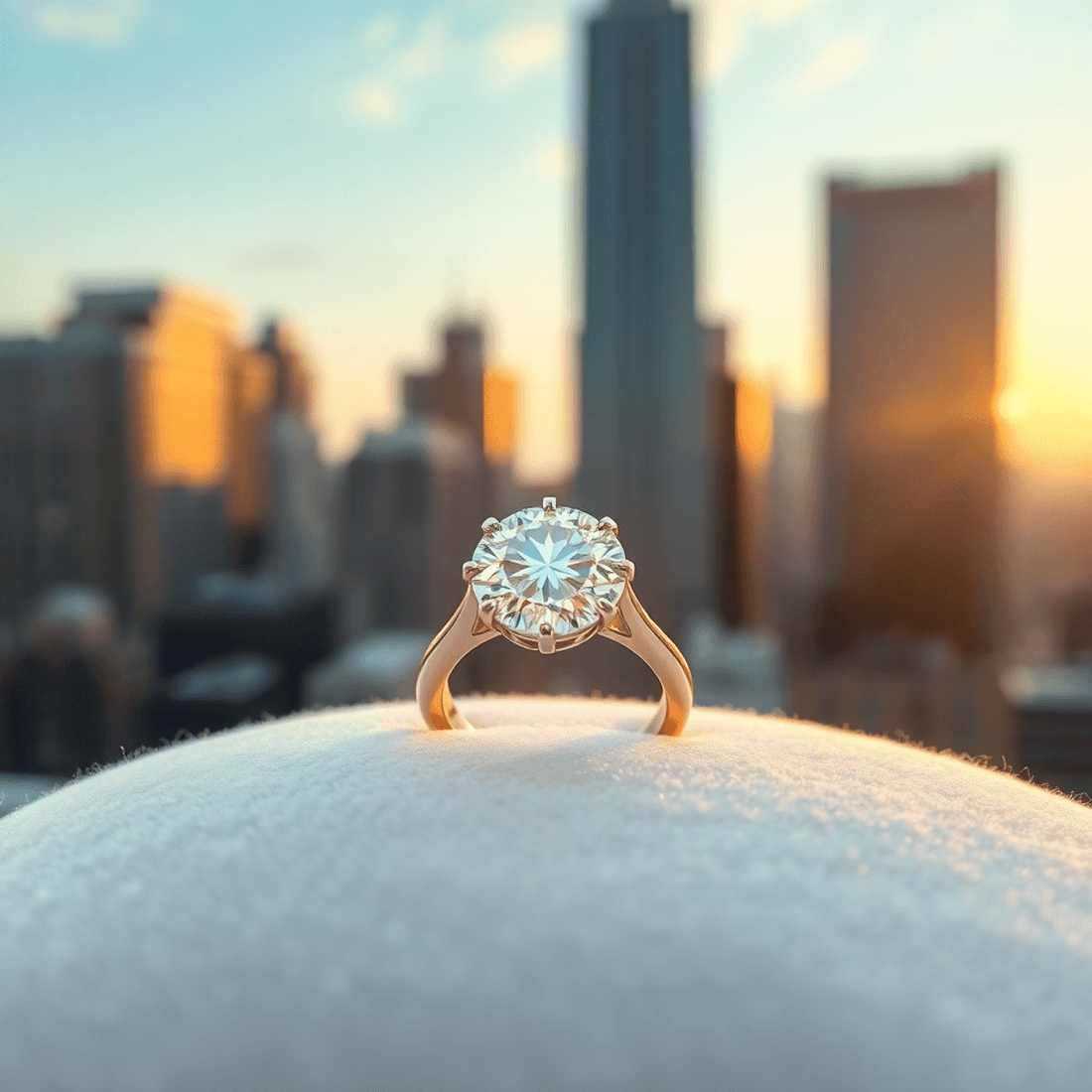 Close-up of a sparkling diamond ring on velvet with a blurred New York City skyline at golden hour in the background.