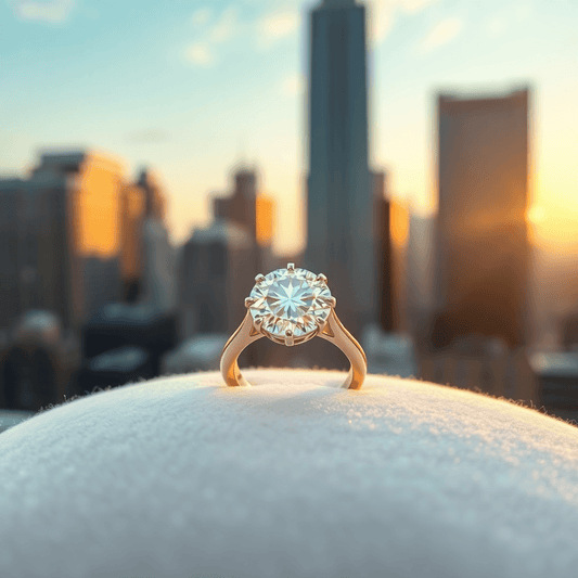 Close-up of a sparkling diamond ring on velvet with a blurred New York City skyline at golden hour in the background.